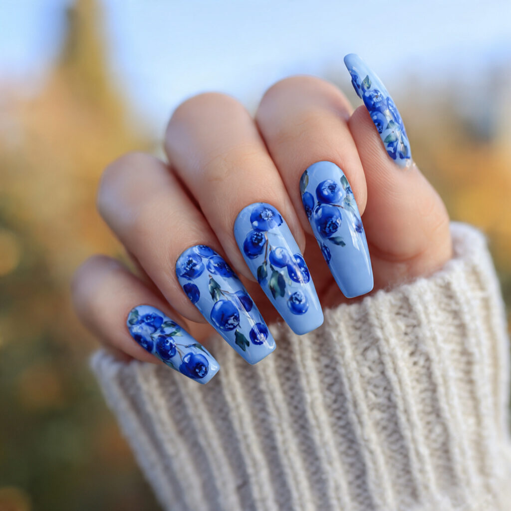 attractive blueberry milk nails with outdoor backg