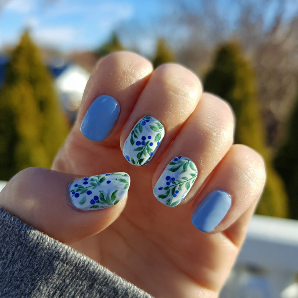 attractive blueberry milk short nails with outdoor