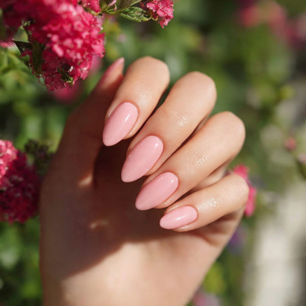 attractive blush glass short stiletto nails with s