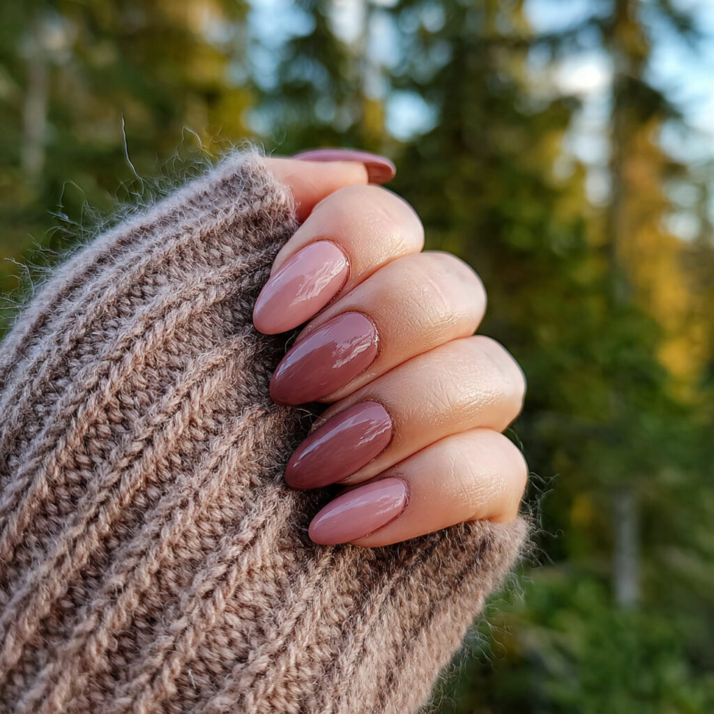 attractive blush pink and cocoa oval nails with ou