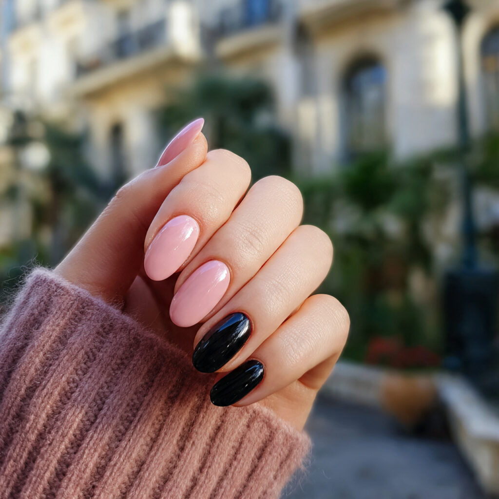 attractive blush pink and glossy black nails with