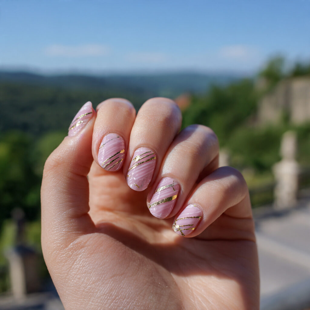 attractive blush pink and gold line nails with out