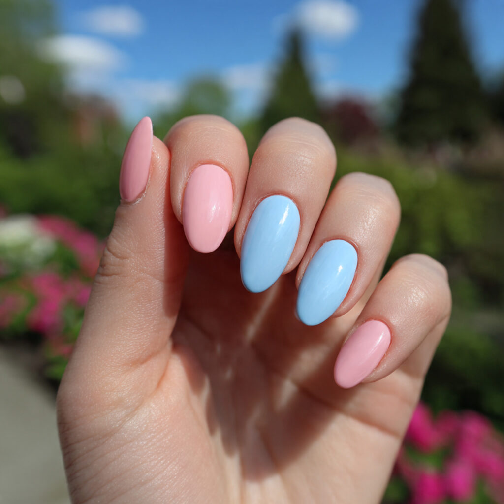 attractive blush pink and sky blue oval nails with