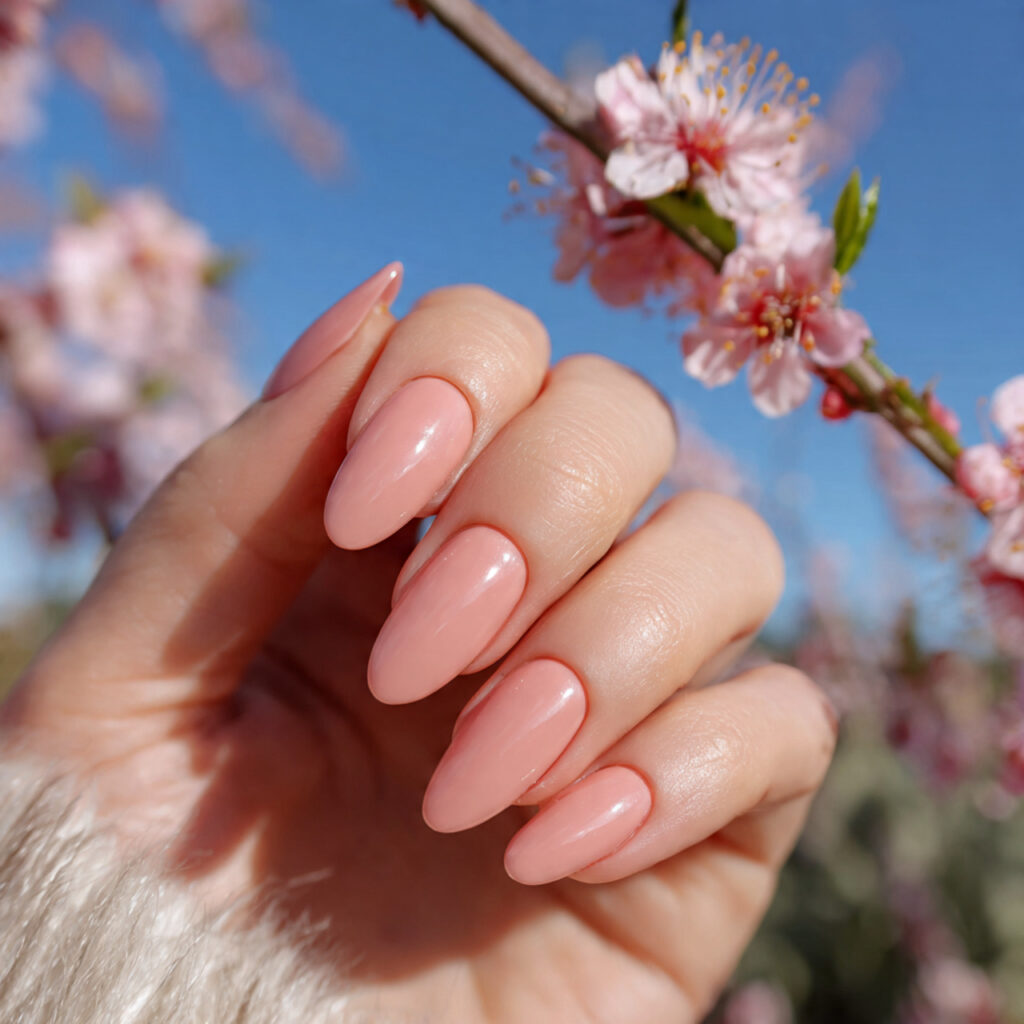 attractive blush pink glass almond nails with outd 1