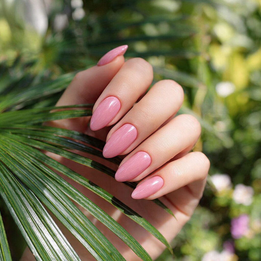 attractive blush pink glass almond nails with outd
