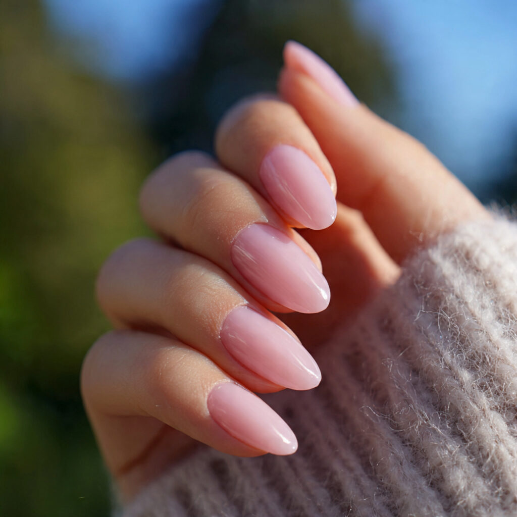 attractive blush pink glass nails with outdoor bac 1