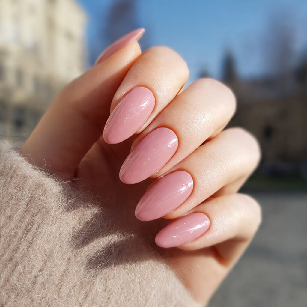 attractive blush pink glass nails with outdoor bac