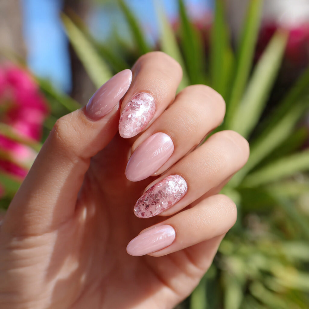 attractive blush pink glass nails with outdoor bac 2