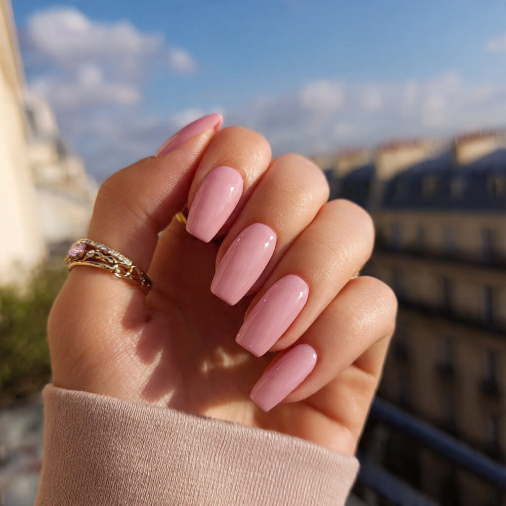 attractive blush pink glass nails with outdoor bac 3