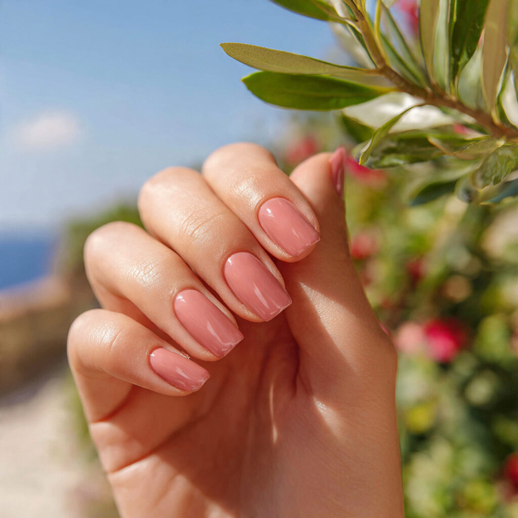 attractive blush pink glass nails with outdoor sum 1
