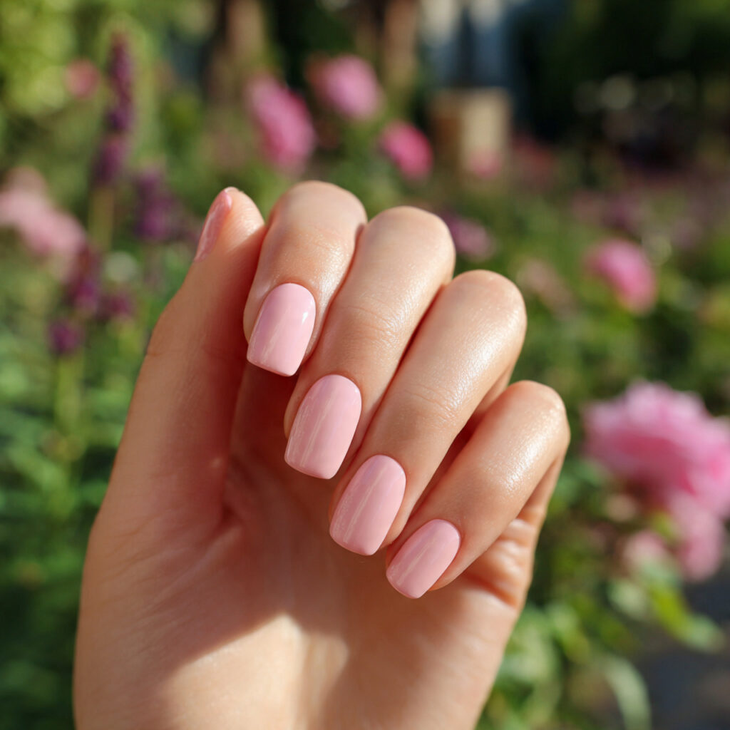 attractive blush pink glass nails with outdoor sum