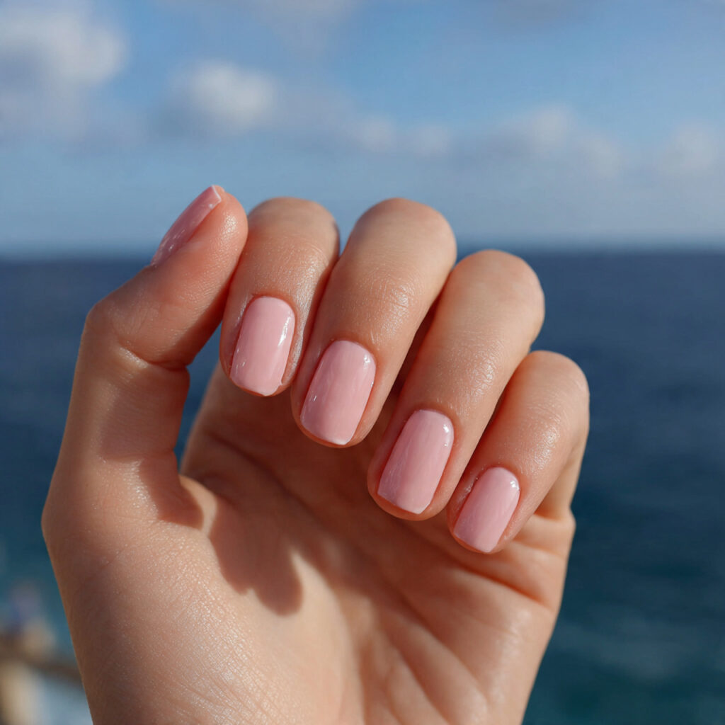 attractive blush pink glass short nails with outdo 1