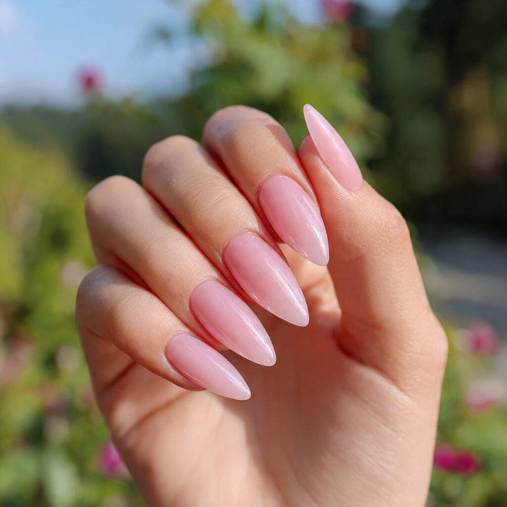 attractive blush pink glass short stiletto nails w