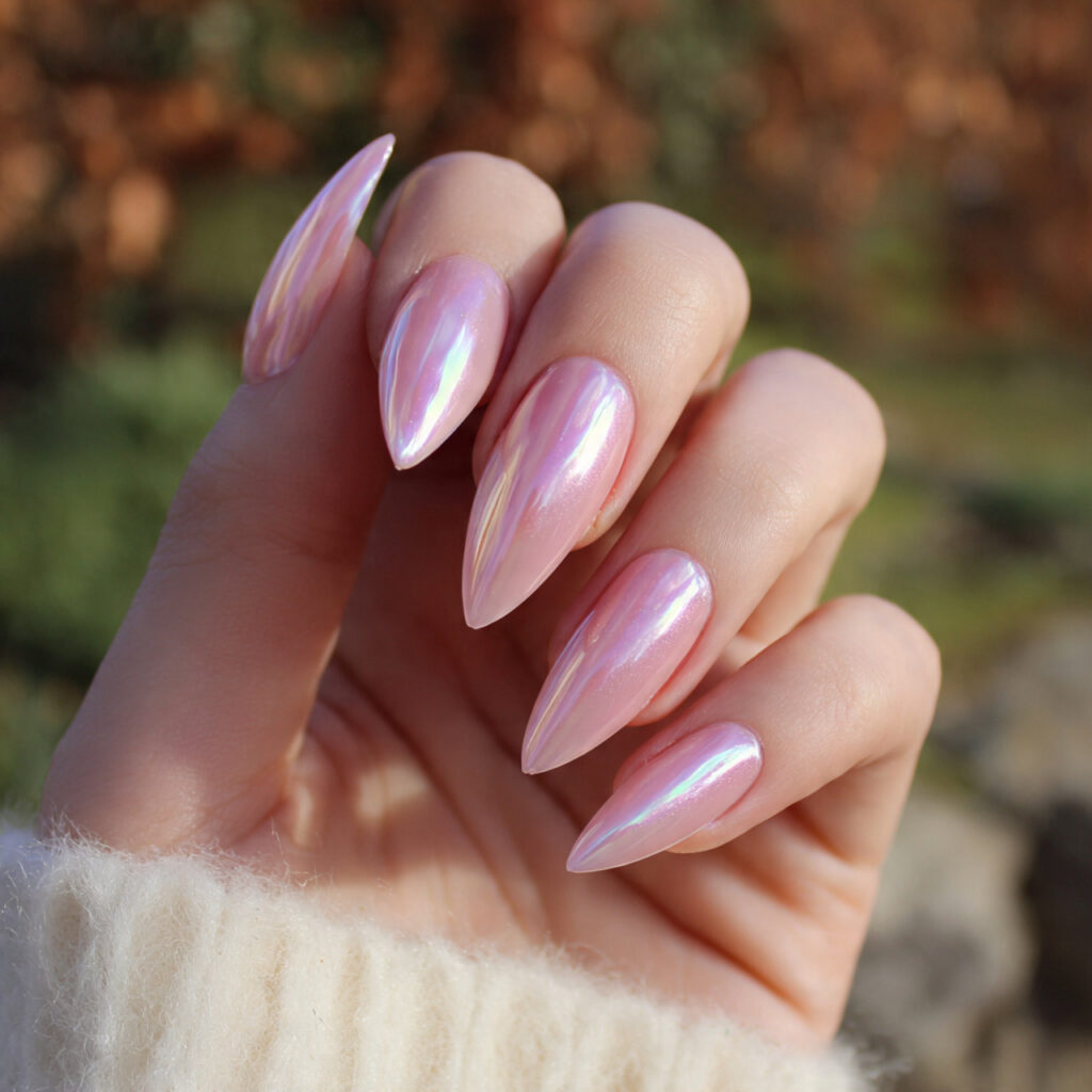 attractive blush pink glass stiletto nails with ou