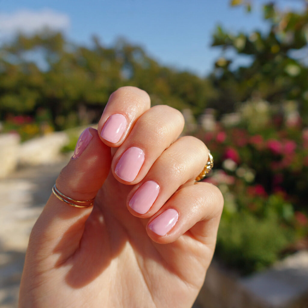 attractive blush pink glass very short nails with