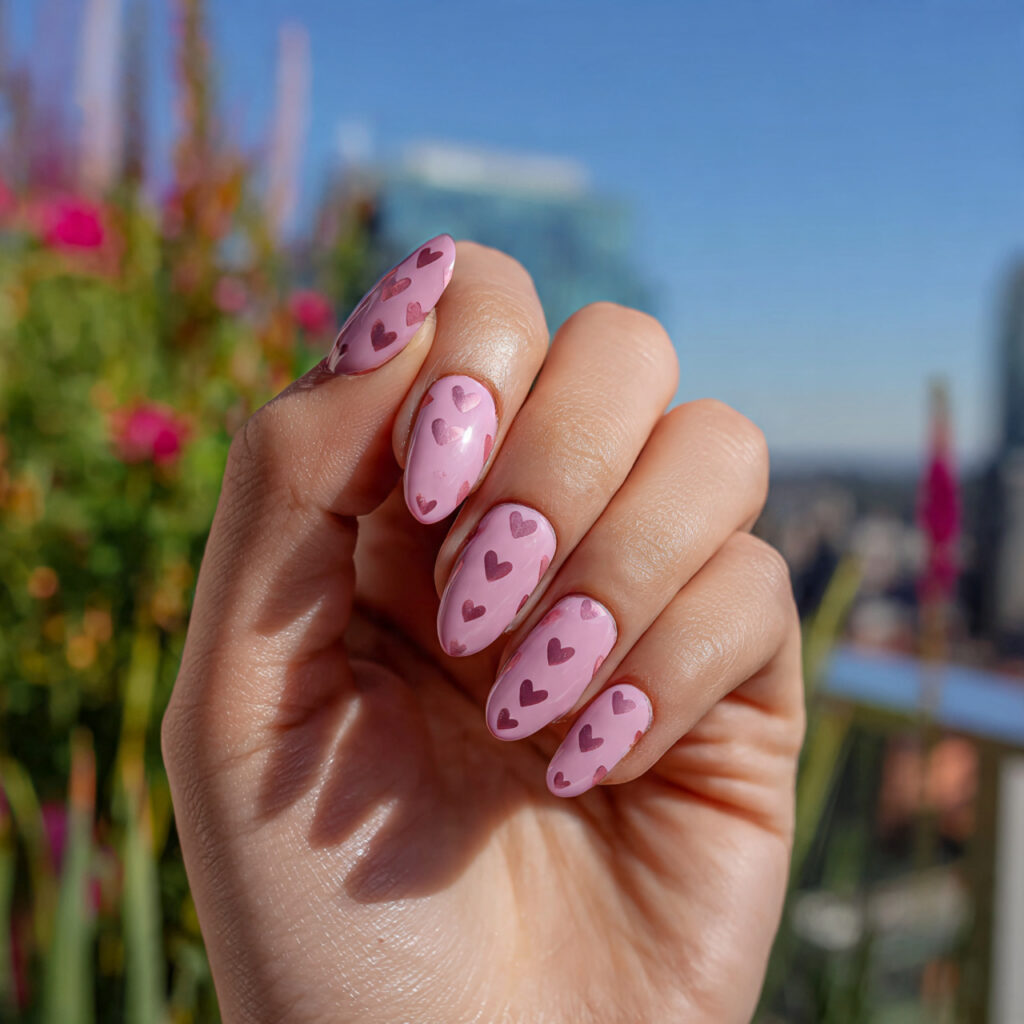 attractive blush pink heart nails with outdoor sum