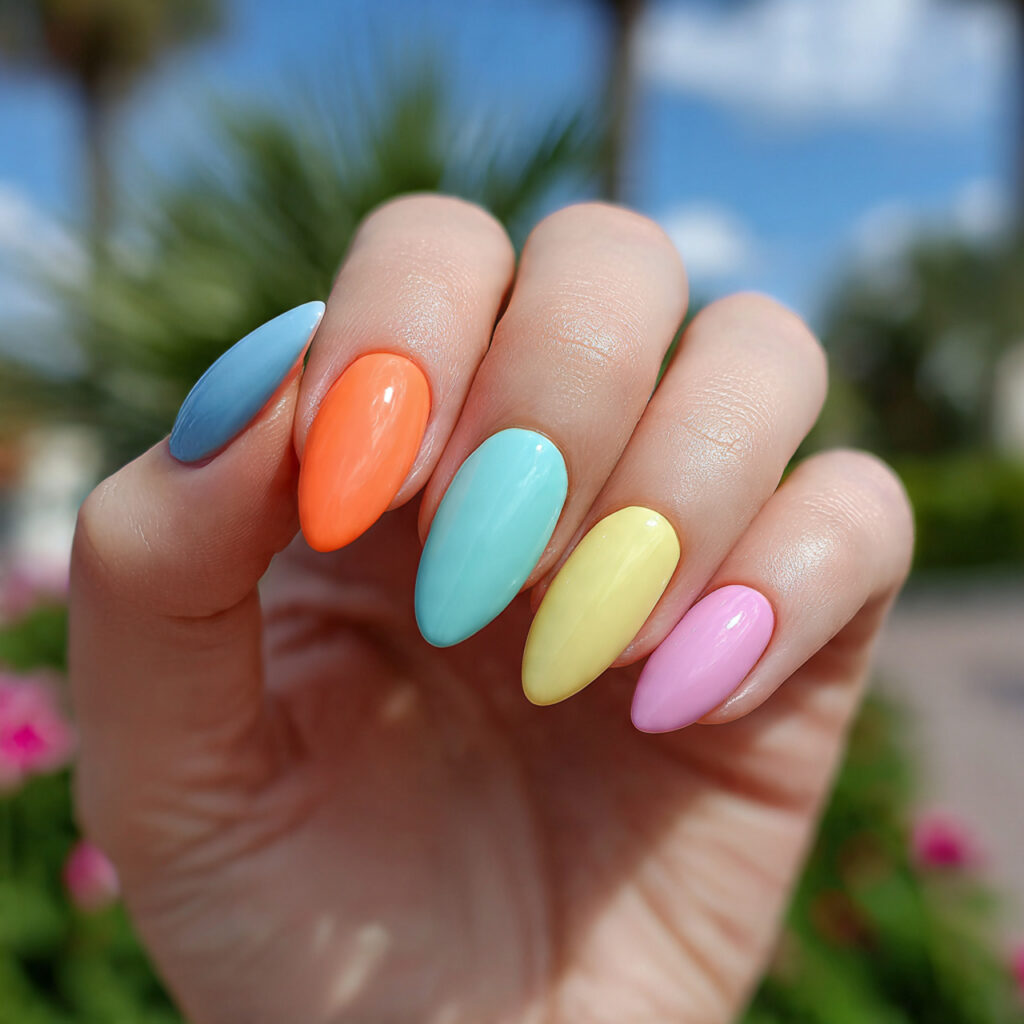attractive bright candy mix nails with a different