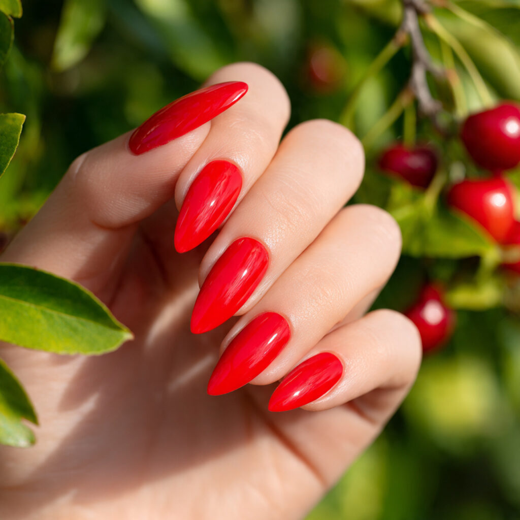 attractive bright cherry red stiletto acrylic nail