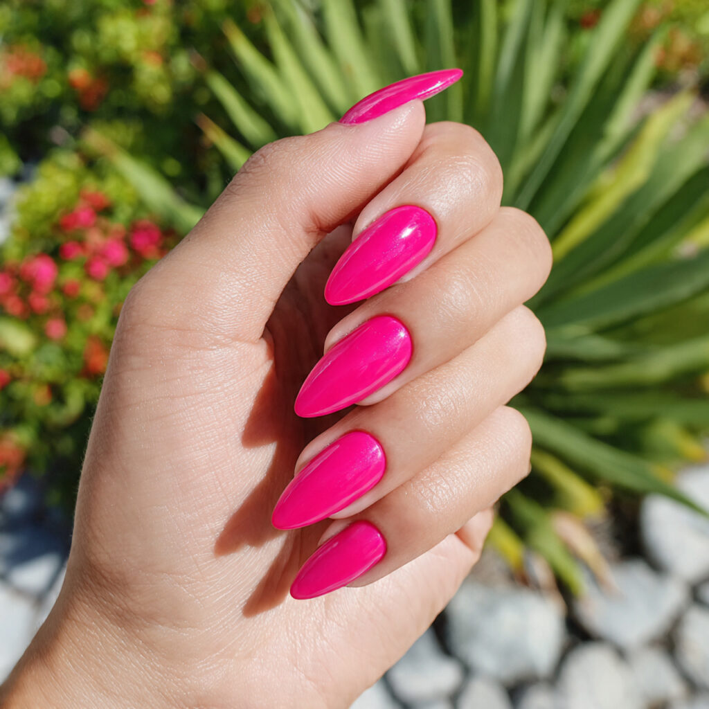 attractive bright pink aura nails with outdoor bac