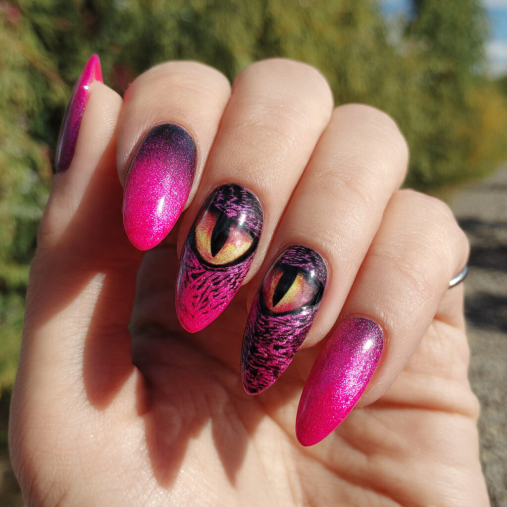 attractive bright pink cat eye nails with outdoor