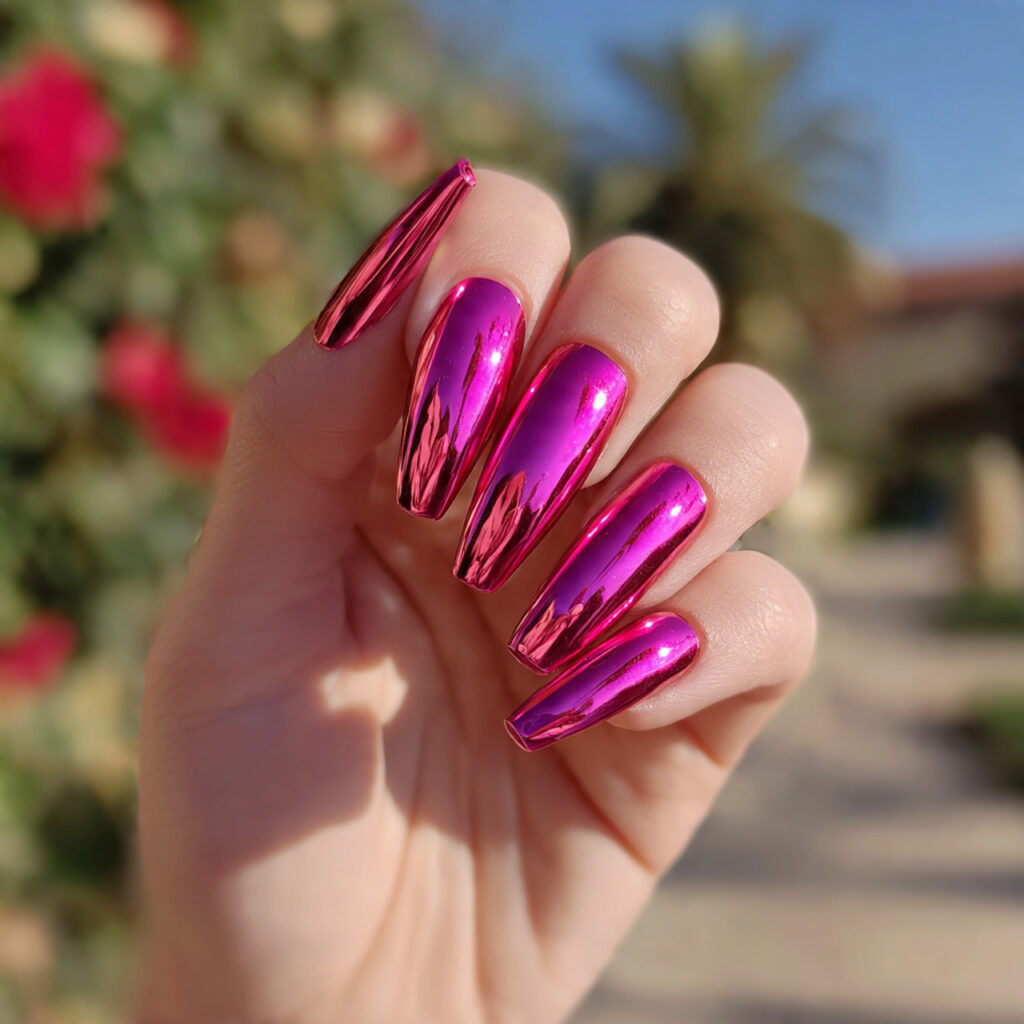 attractive bright pink chrome nails with outdoor b
