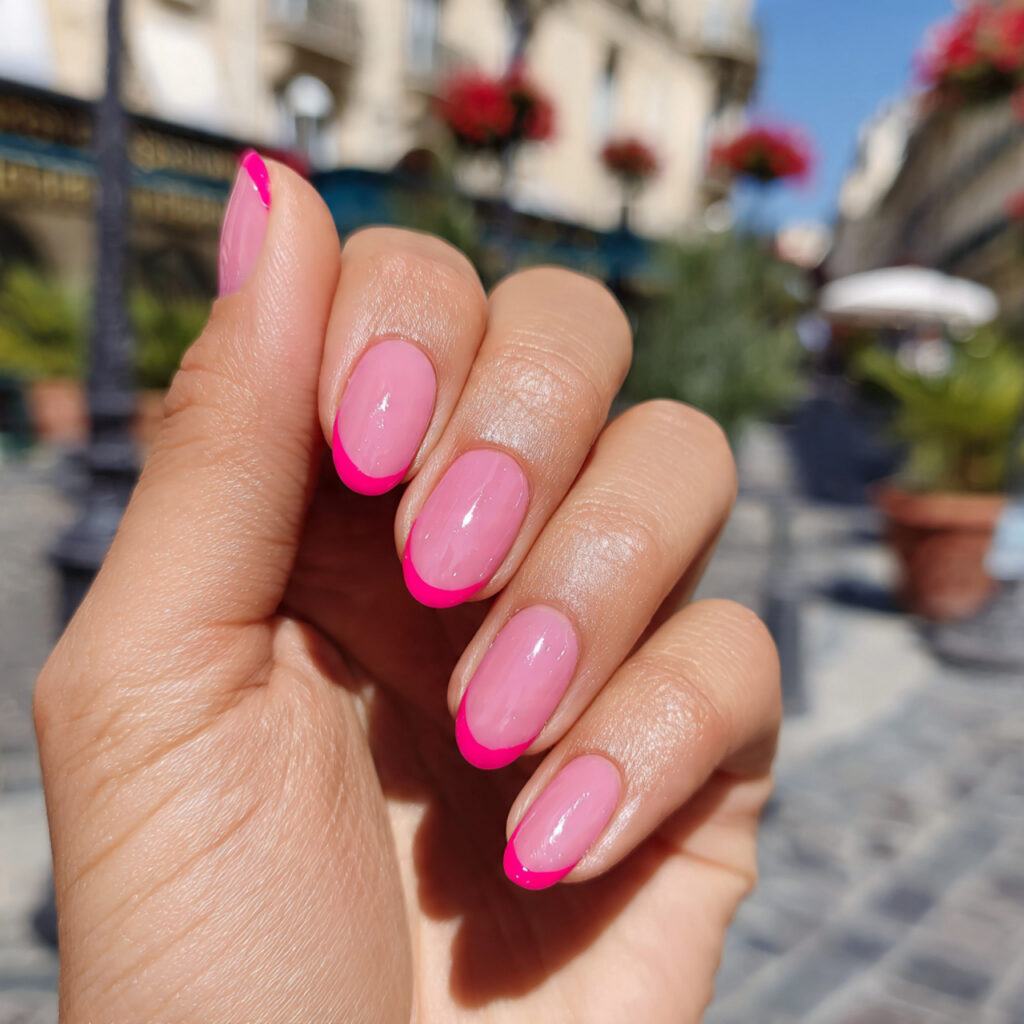 attractive bright pink french tip nails with outdo