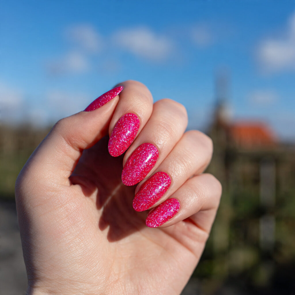 attractive bright pink shimmer nails with outdoor