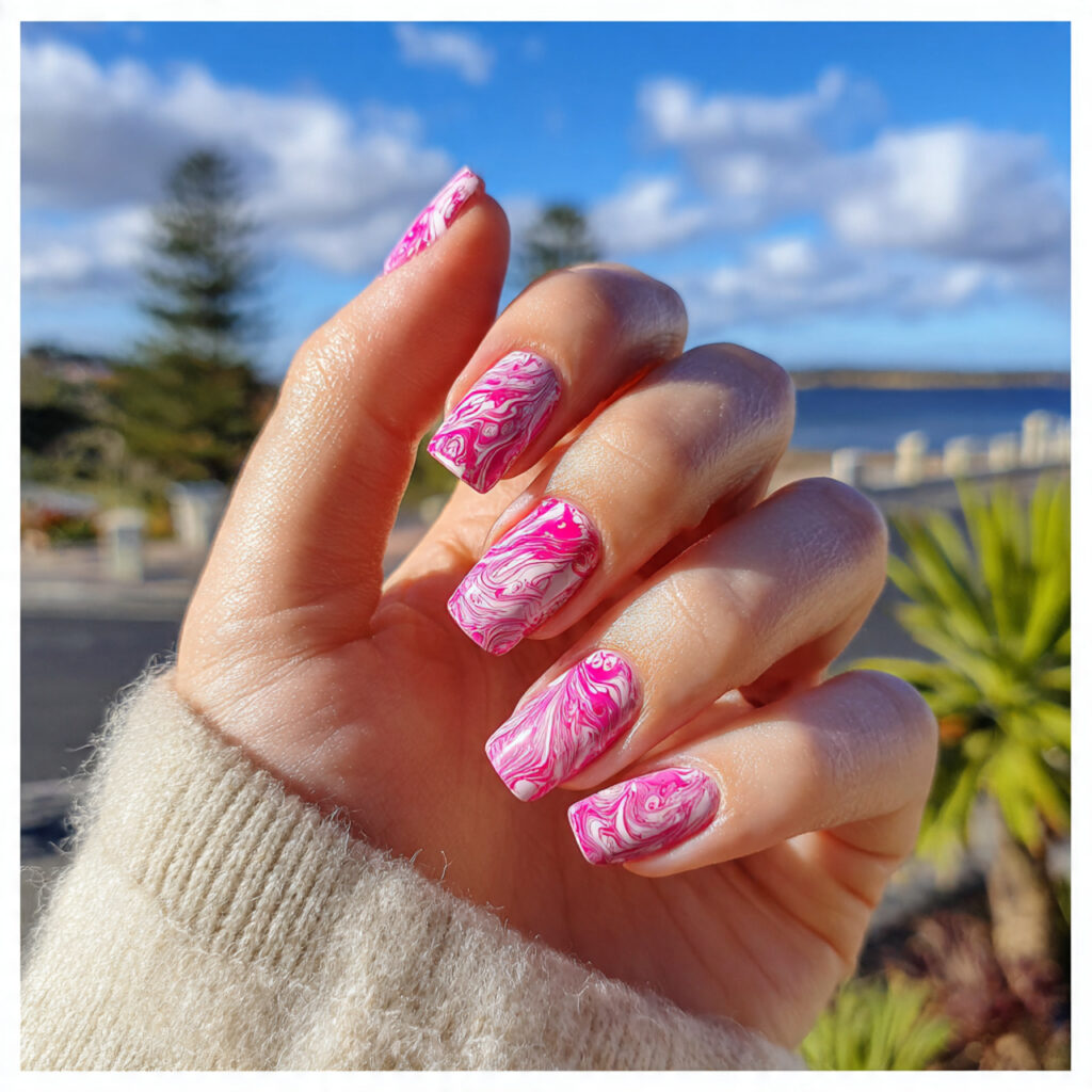 attractive bright pink swirl nails with outdoor ba