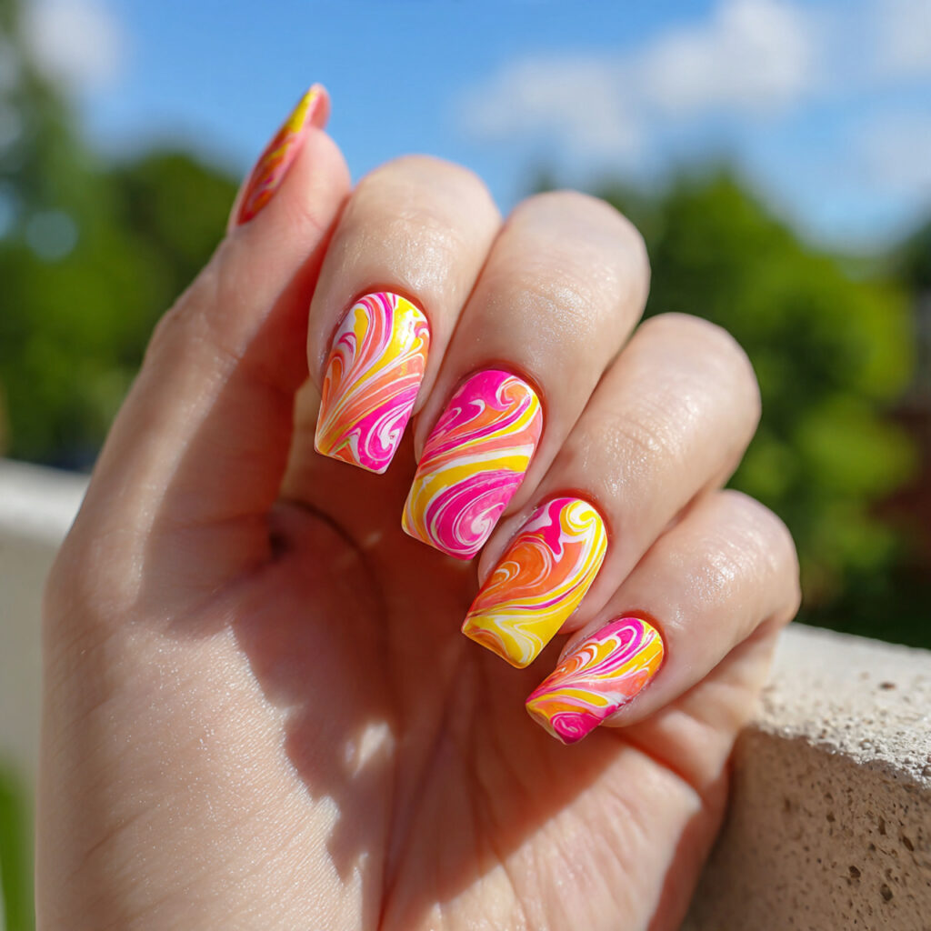 attractive bright swirl nails in pink orange and y