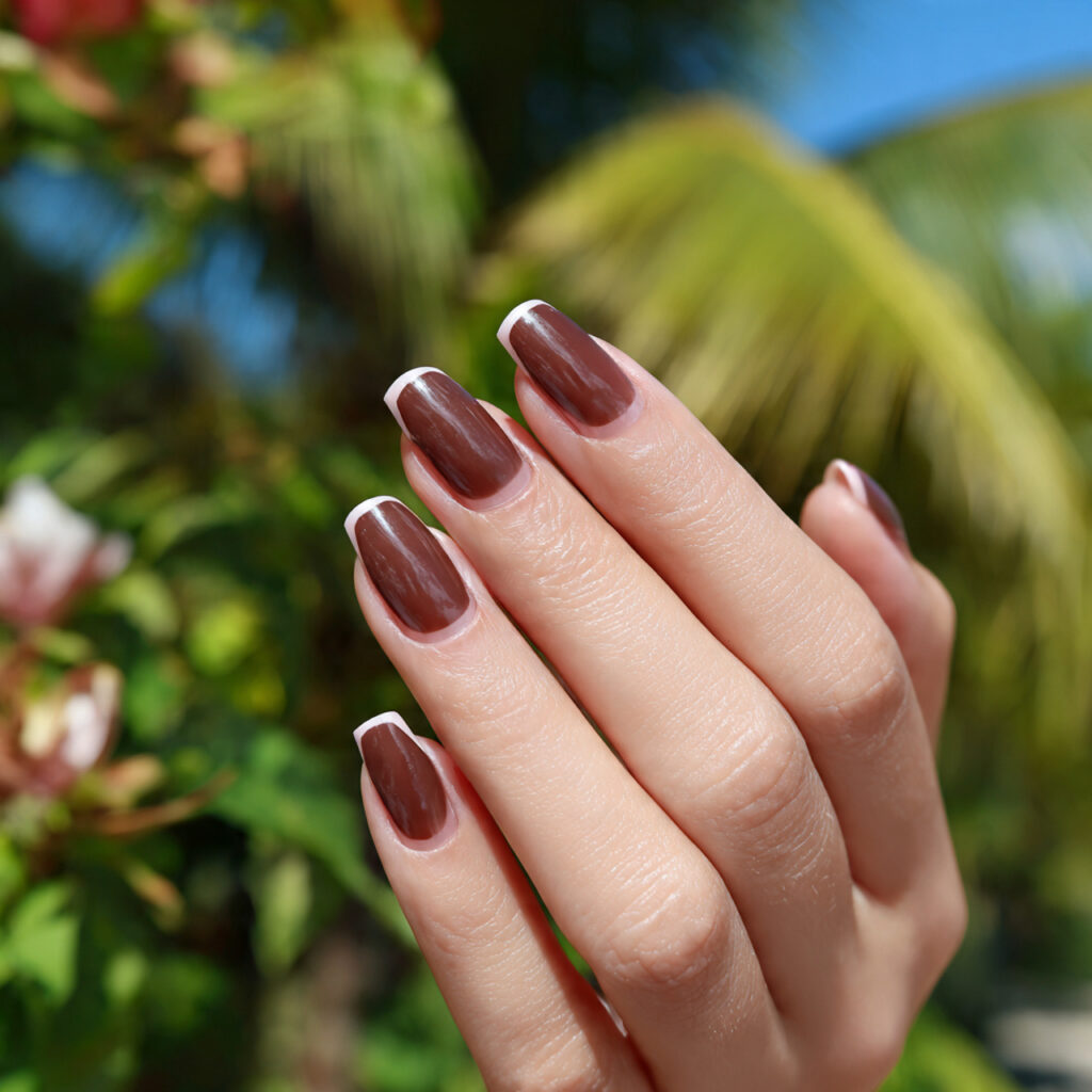 attractive brown french tip nails with outdoor sum