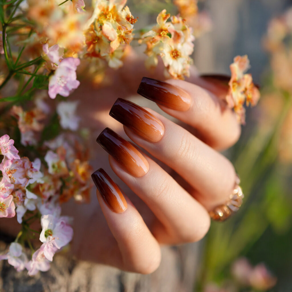 attractive brown ombre coffin nails with outdoor s