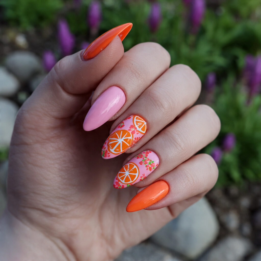 attractive bubblegum and tangerine nails with outd