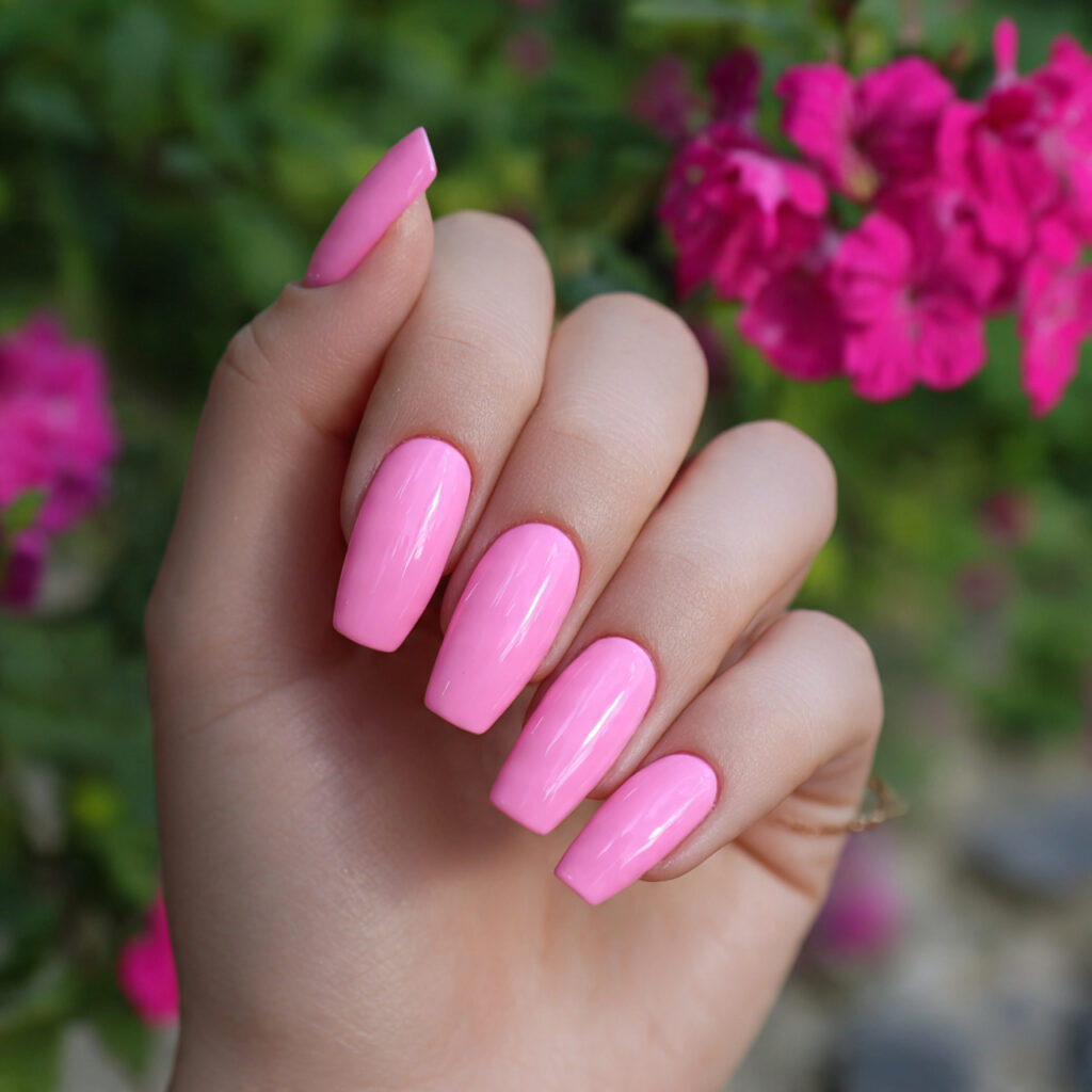 attractive bubblegum pink acrylic nails with outdo