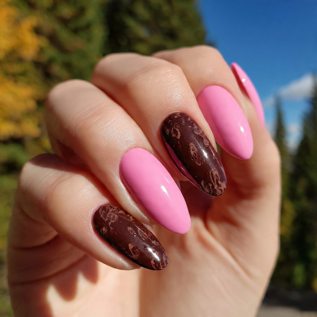 attractive bubblegum pink and chocolate nails with