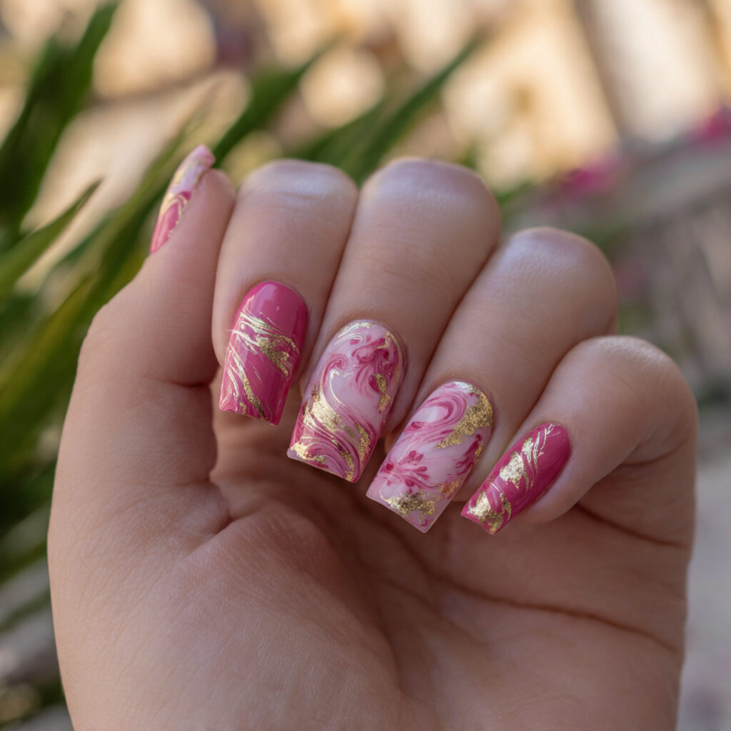 attractive bubblegum pink and gold swirl nails wit
