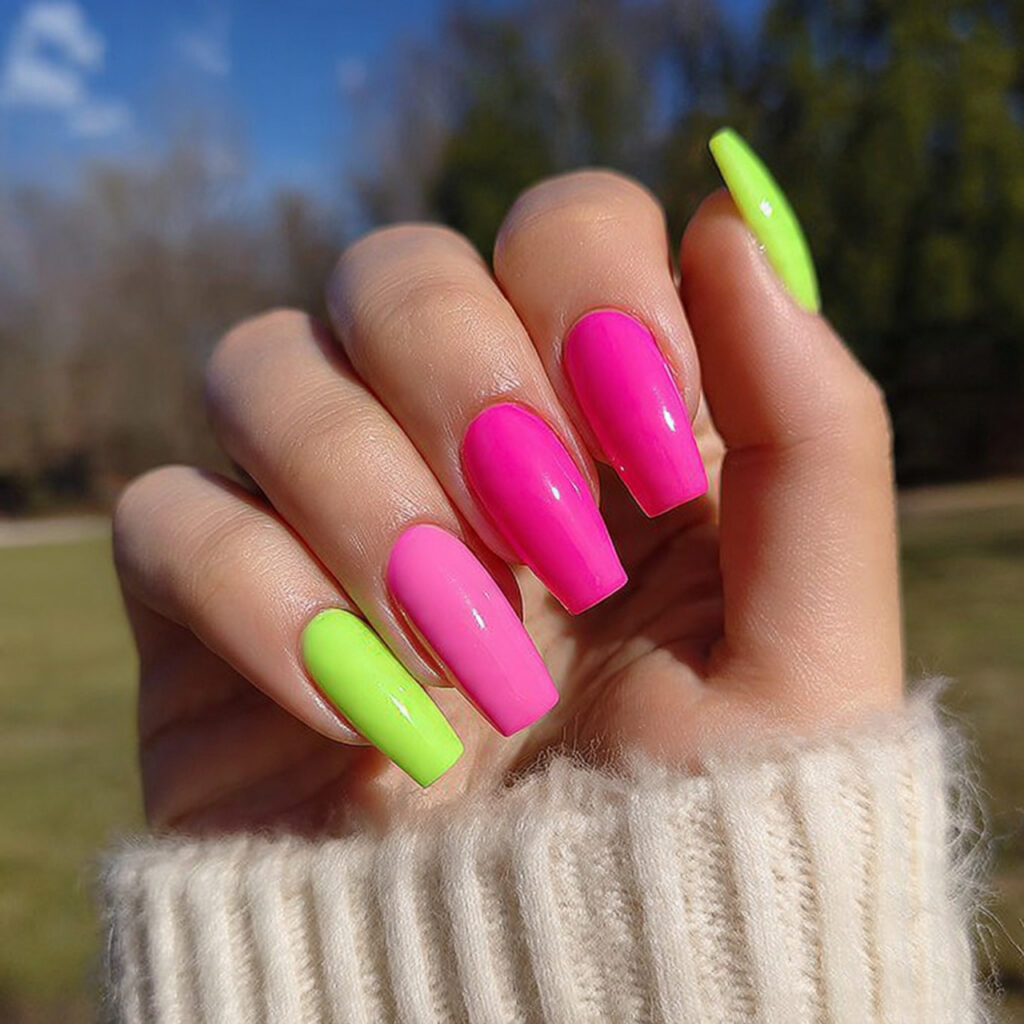 attractive bubblegum pink and lime green nails wit