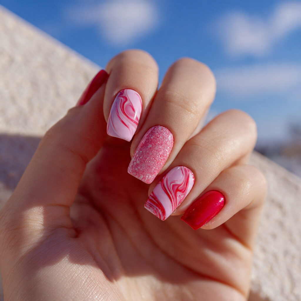 attractive bubblegum pink and red swirl nails nail