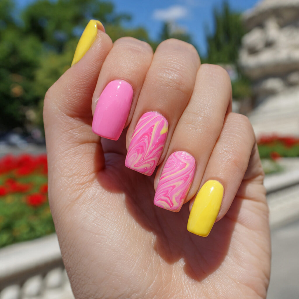 attractive bubblegum pink and sunshine yellow nail