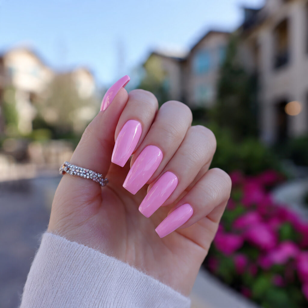attractive bubblegum pink aura nails with outdoor