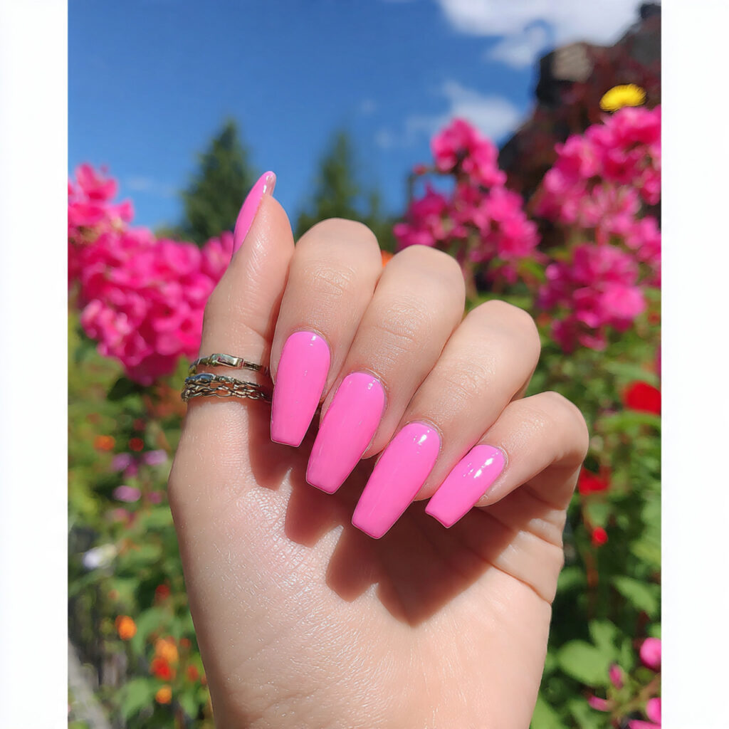 attractive bubblegum pink coffin nails with outdoo