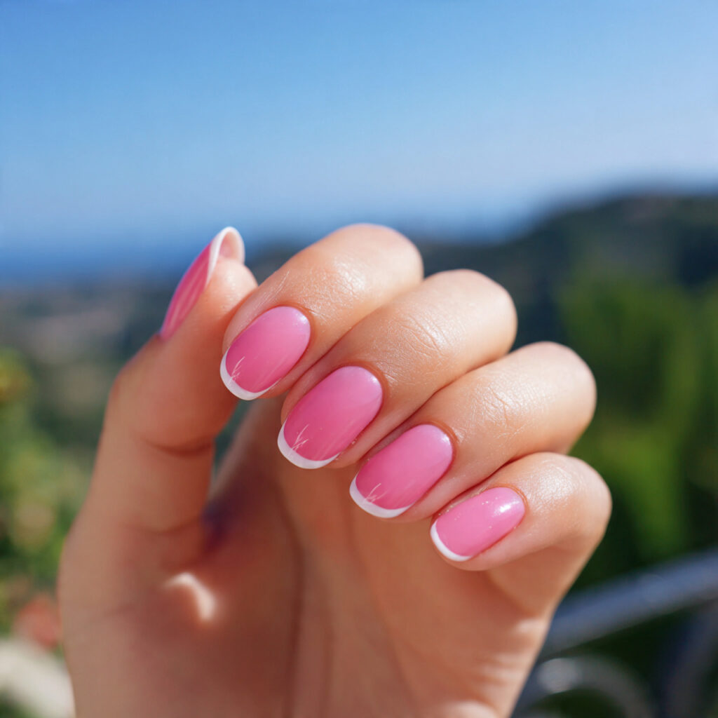 attractive bubblegum pink french nails with outdoo