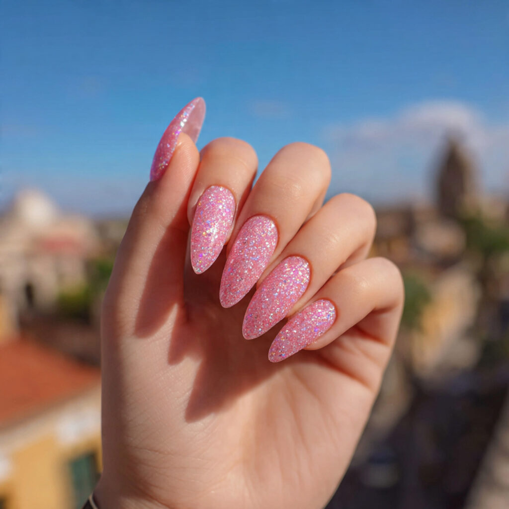 attractive bubblegum pink glitter nails with outdo