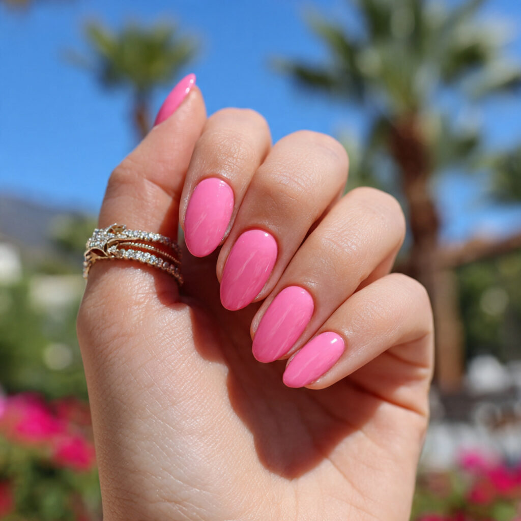 attractive bubblegum pink nails with outdoor summe