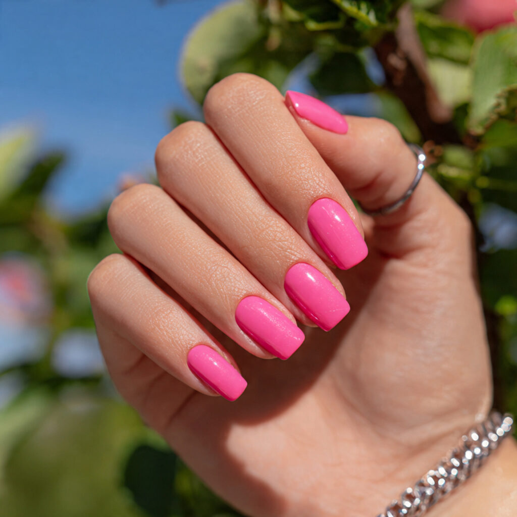 attractive bubblegum pink nails with summer outdoo