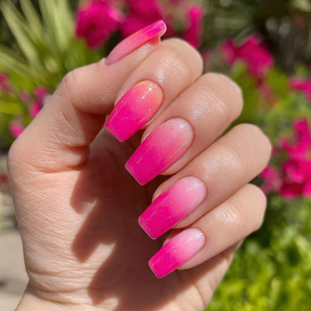 attractive bubblegum pink ombre nails with outdoor