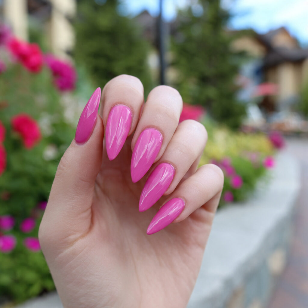 attractive bubblegum pink stiletto nails with outd