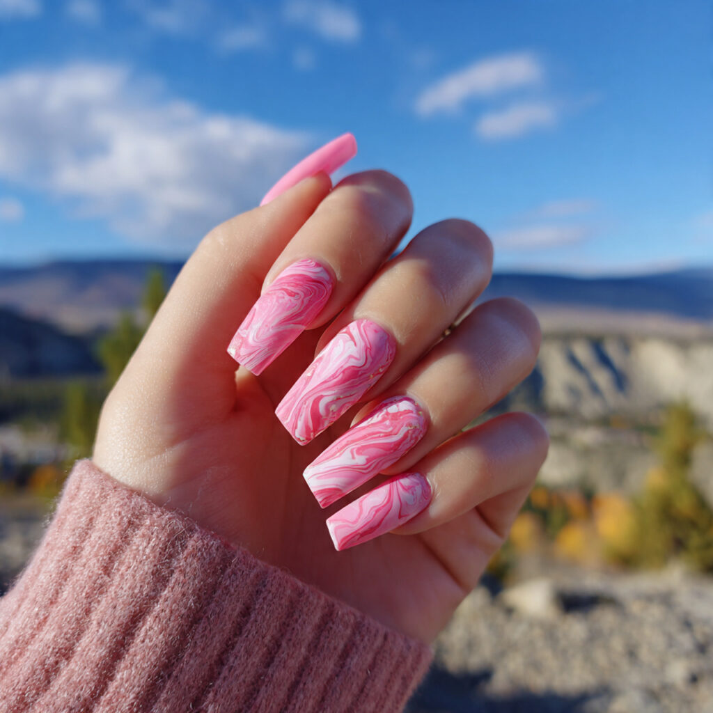 attractive bubblegum pink swirl nails with outdoor