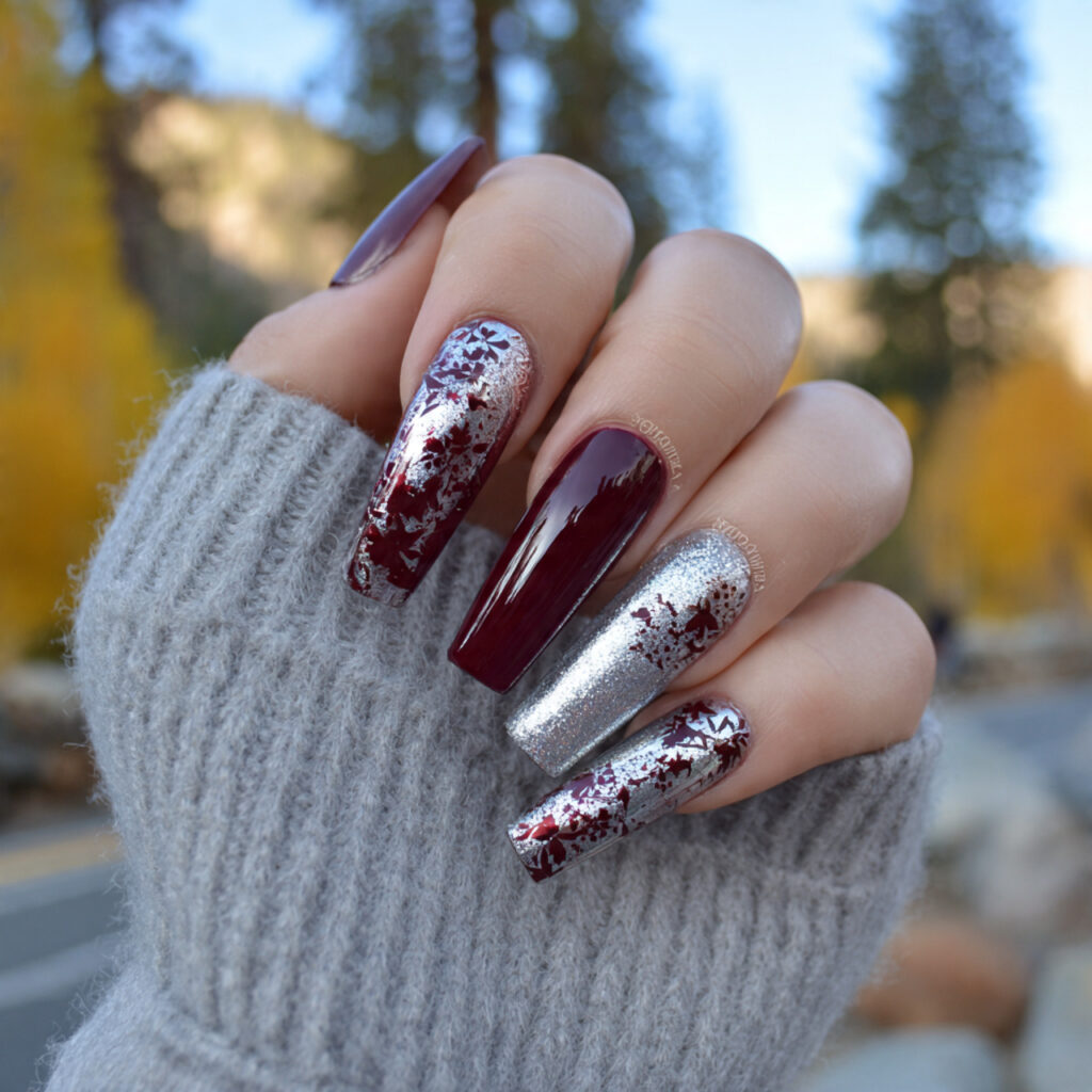 attractive burgundy and silver acrylic coffin nail