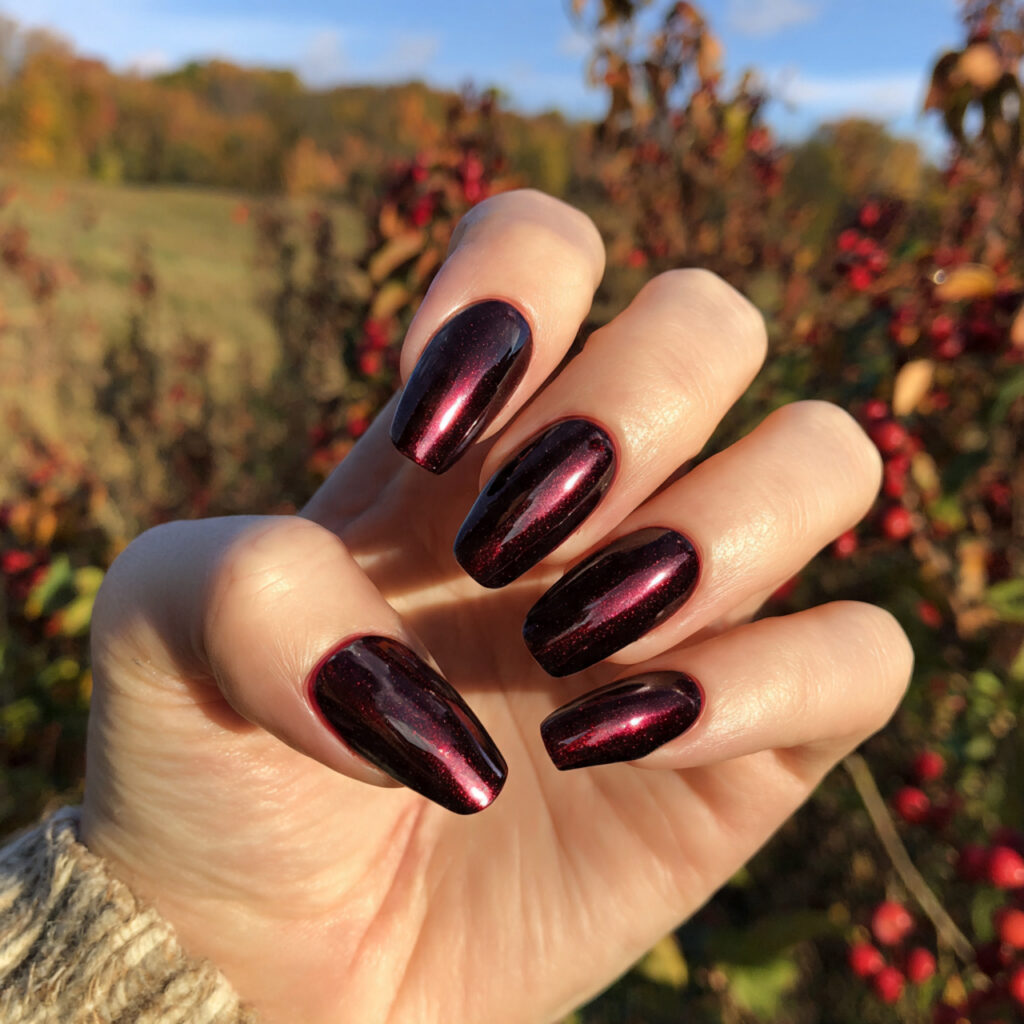 attractive burgundy cat eye coffin acrylic nails w