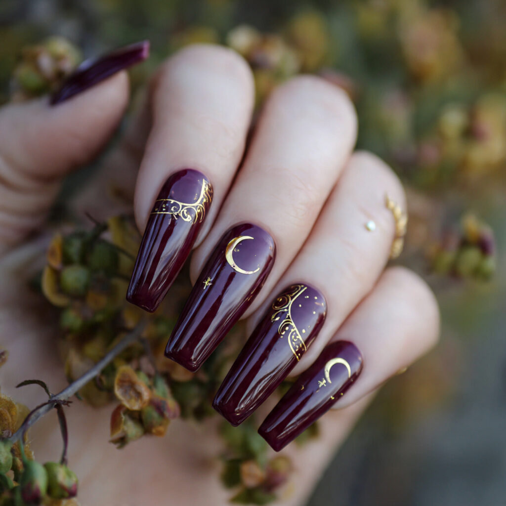 attractive burgundy coffin acrylic with half moons 1